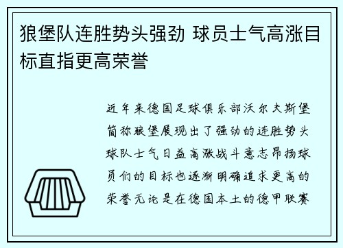 狼堡队连胜势头强劲 球员士气高涨目标直指更高荣誉