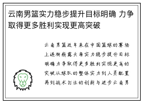 云南男篮实力稳步提升目标明确 力争取得更多胜利实现更高突破