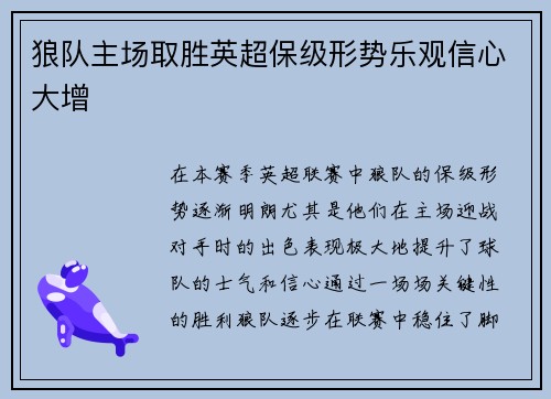 狼队主场取胜英超保级形势乐观信心大增